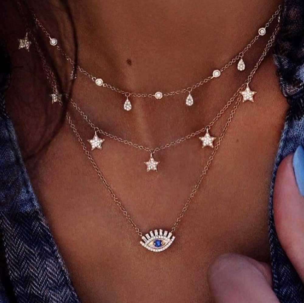 Gold Tone Star Eye Layered Necklace - Picture 2 of 6